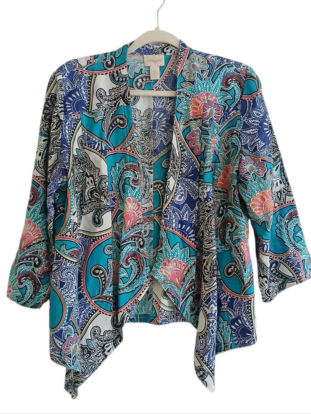Chico's 100% Linen Paisley Open Cardigan Women's 1/M Lightweight Coastal
